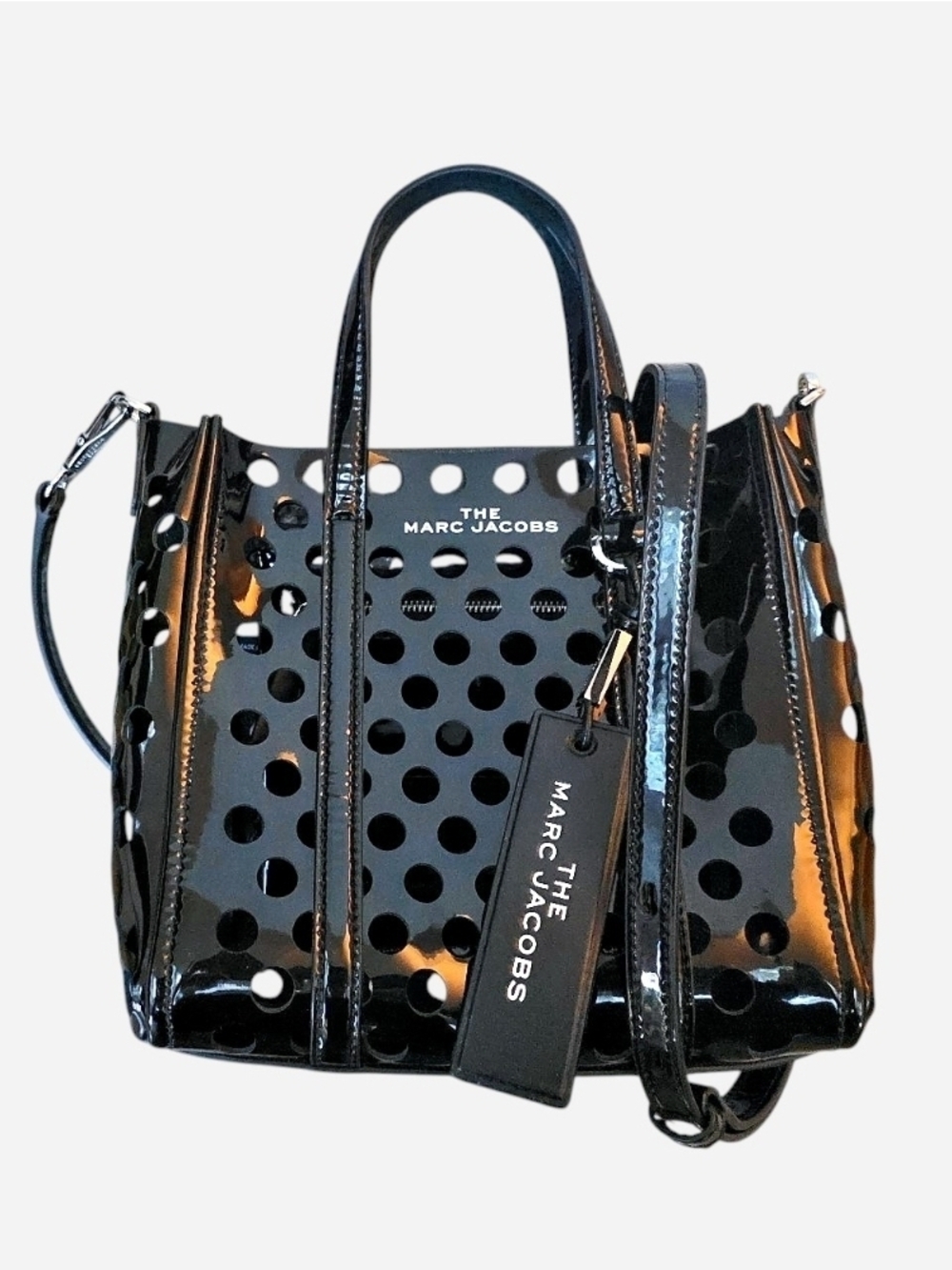 Marc Jacobs The Tag 21 Perforated Black Patent Leather Crossbody Tote Bag